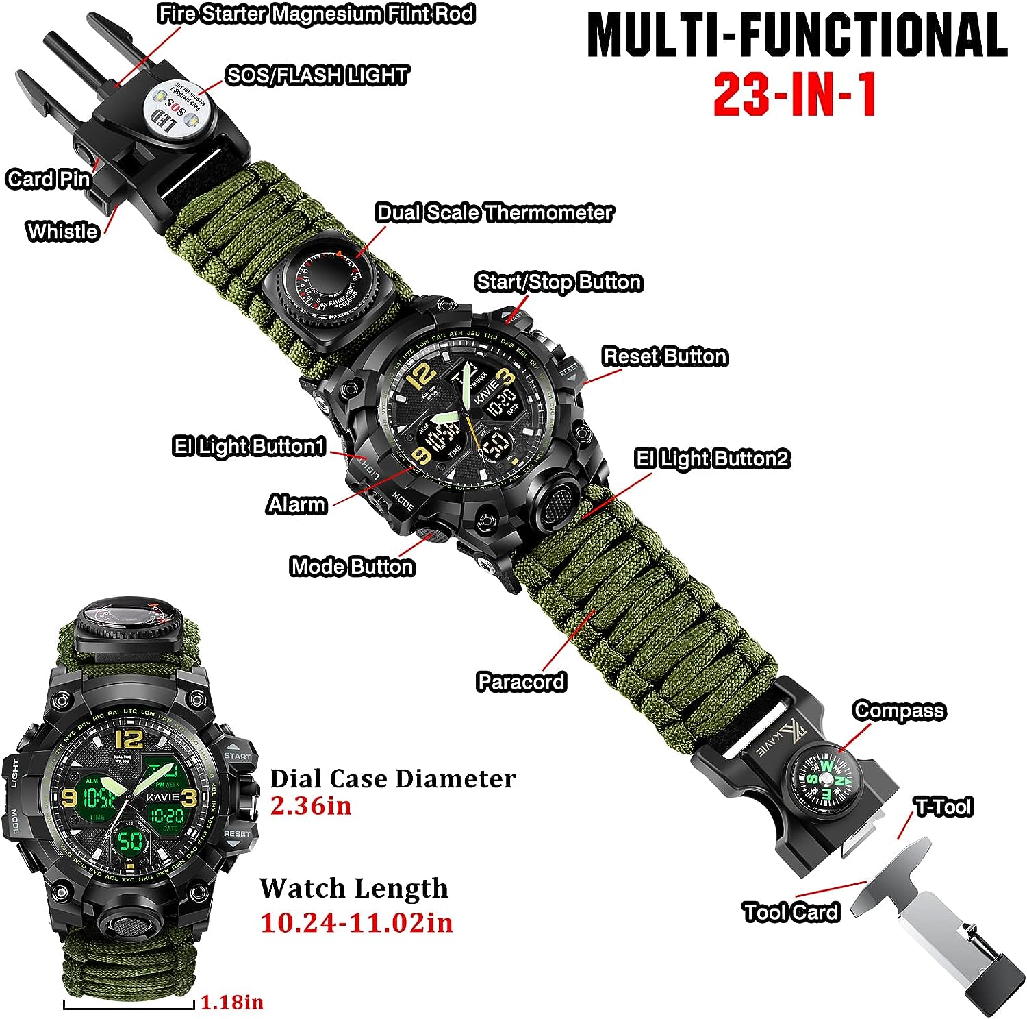23-in-1 Survival Military Digital Watch, Mens Tactical Multi-Functional and Adjustable Wristband Outdoors Waterproof Sports Dual Dial Watches with Compass Paracord Band