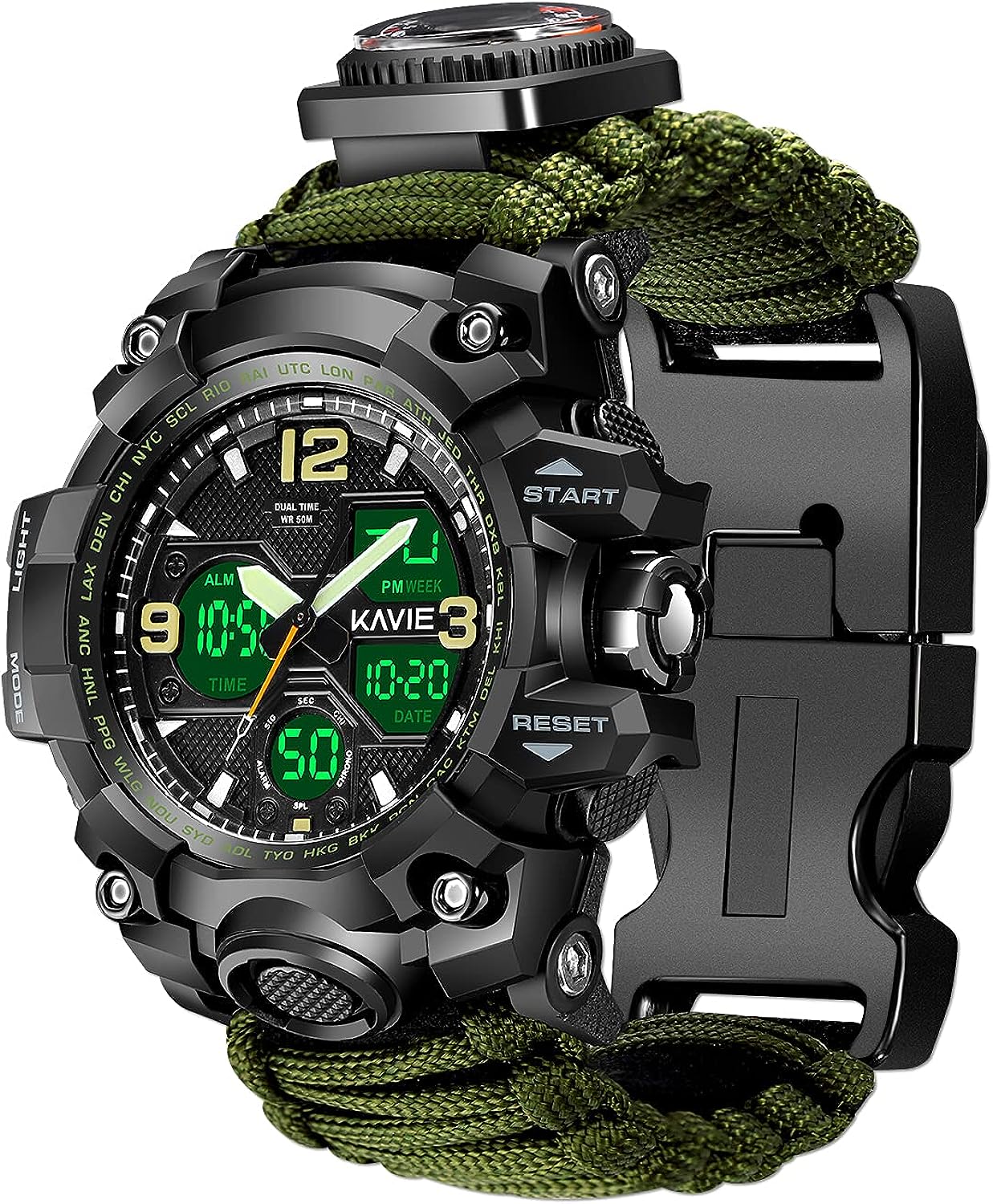 23-in-1 Survival Military Digital Watch, Mens Tactical Multi-Functional and Adjustable Wristband Outdoors Waterproof Sports Dual Dial Watches with Compass Paracord Band