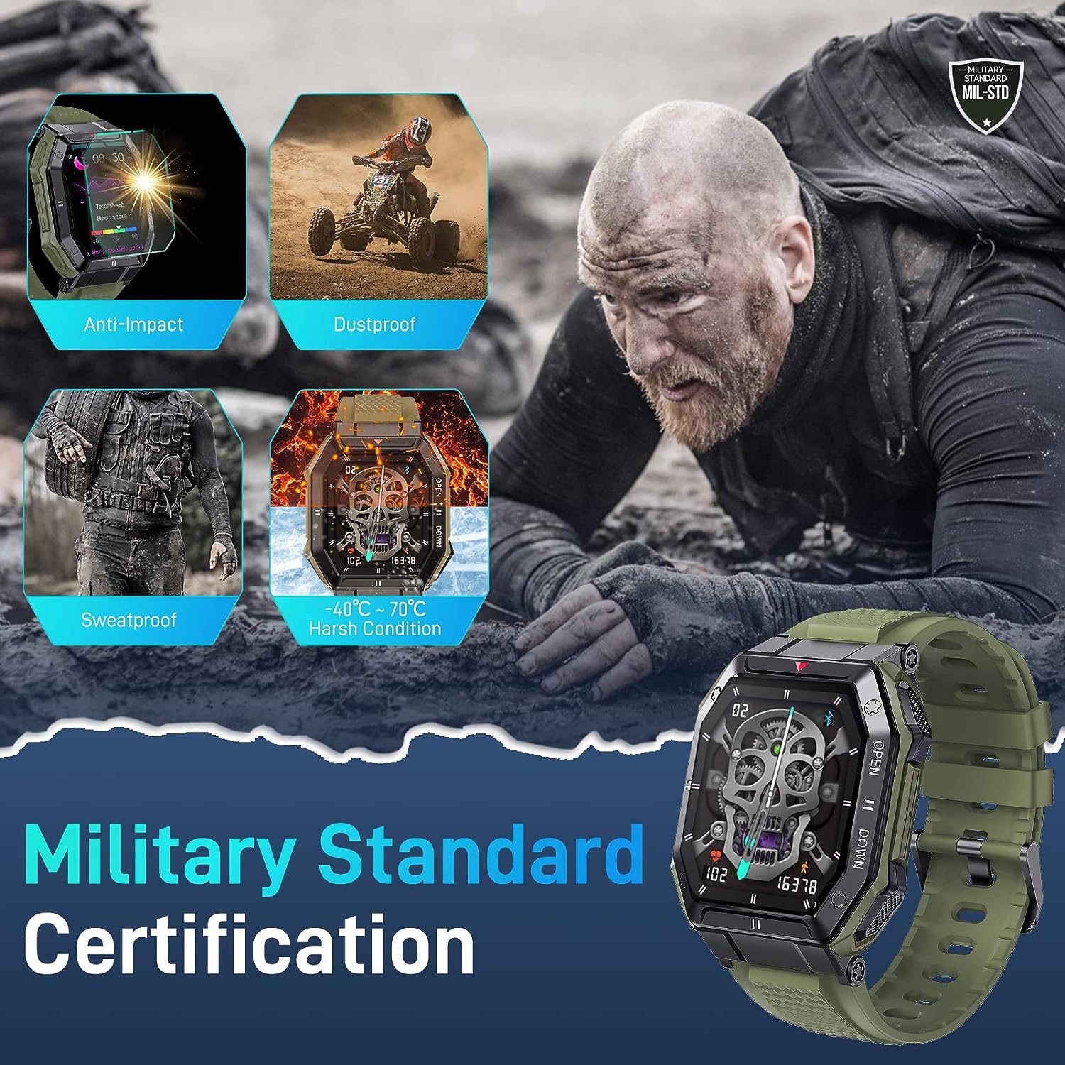 Military Smart Watch for Men (Answer/Make Call) 1.85 HD Big Screen Rugged Outdoor Tactical Watch Fitness Tracker Heart Rate Sleep Monitor Smartwatch Compatible with Android iPhone Samsung