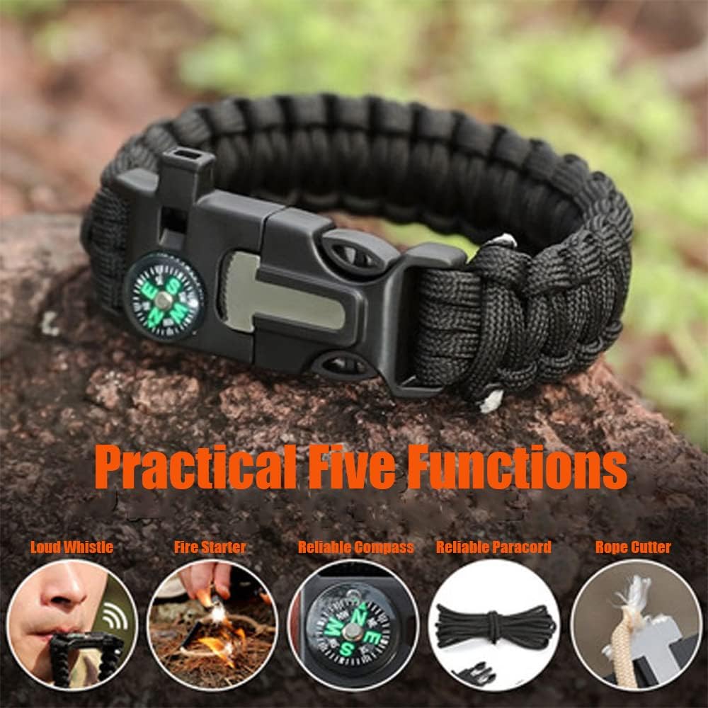 DIHAIMI Paracord Survival Bracelet (3 Pieces), Adjustable, Practical Five Functions, Fire Starter, Loud Whistle, Reliable Compass, Rope Cutter, Reliable Paracord, Black  Camo  Orange+Black