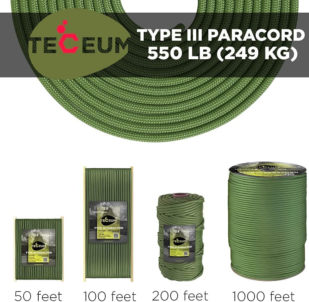 TECEUM Paracord 550 lb – Ideal for Crafting, DIY Projects, Camping, Military  Active Outdoors – 40+ Colors – Tactical Parachute Cord Type III – Strong Survival Rope